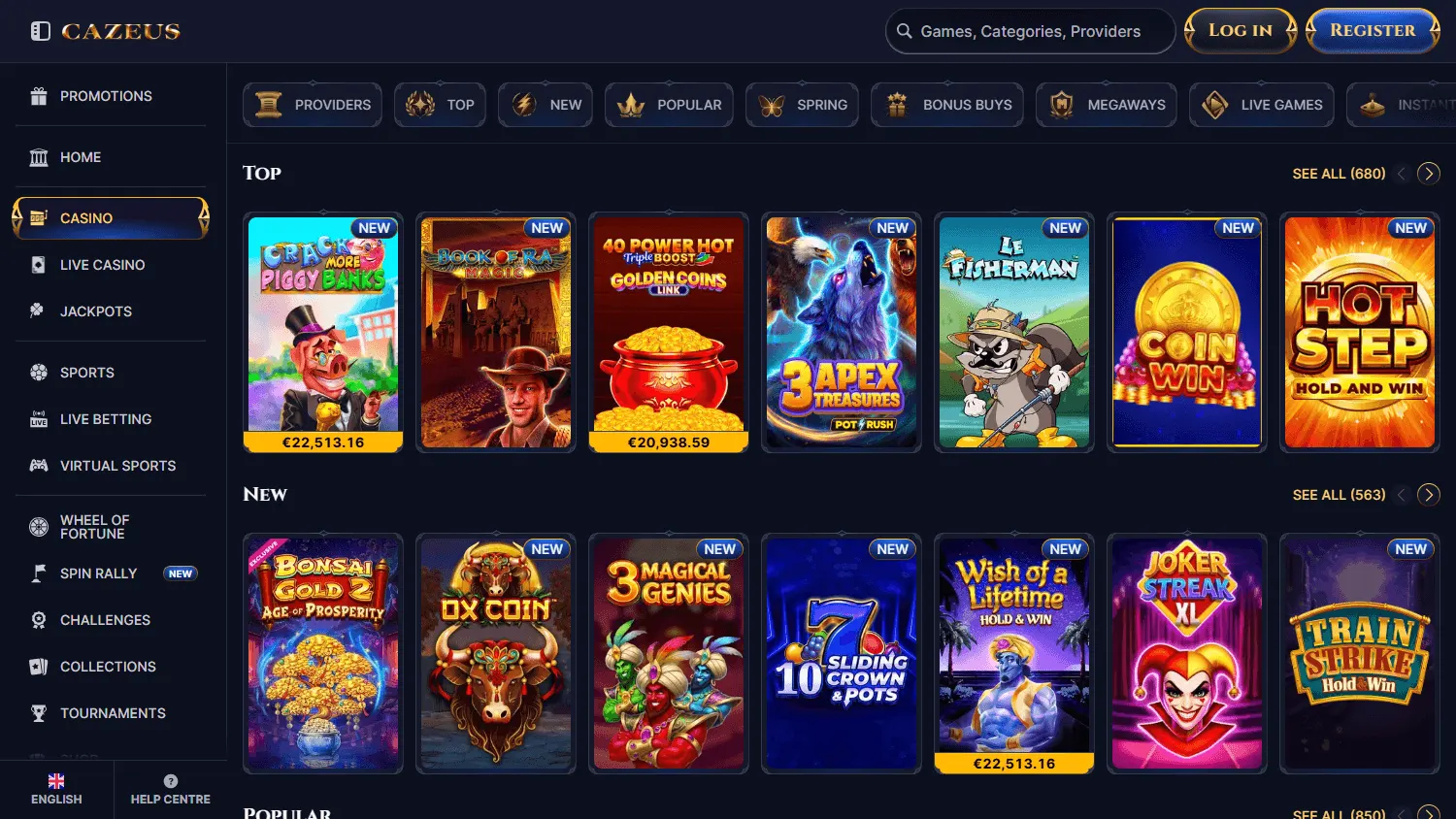 Cazeus Casino desktop games area with casino categories