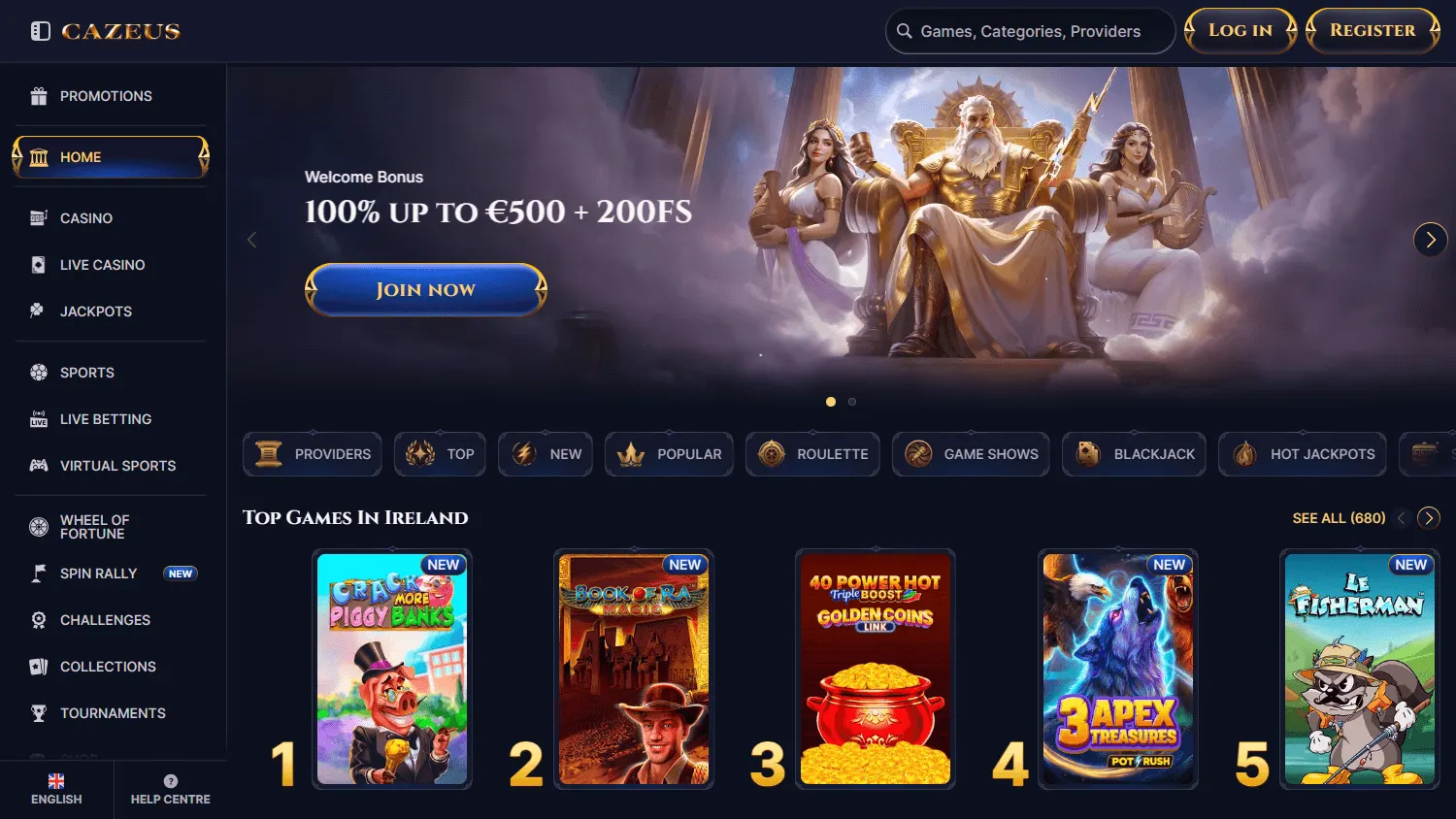 Cazeus Casino desktop home screen with casino and sportsbook access