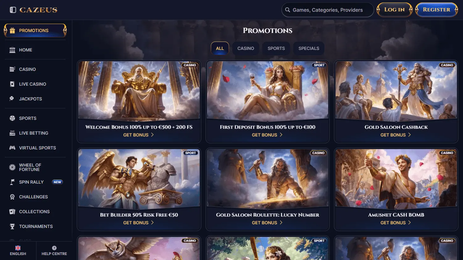 Cazeus Casino desktop promotions area with casino offers