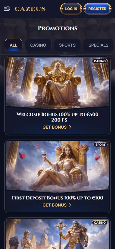 Cazeus Casino mobile browser promotions area
